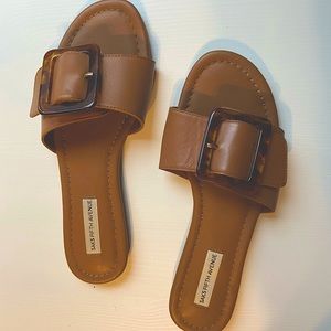 Saks Fifth Avenue Brown Leather Buckle Flat Sandals